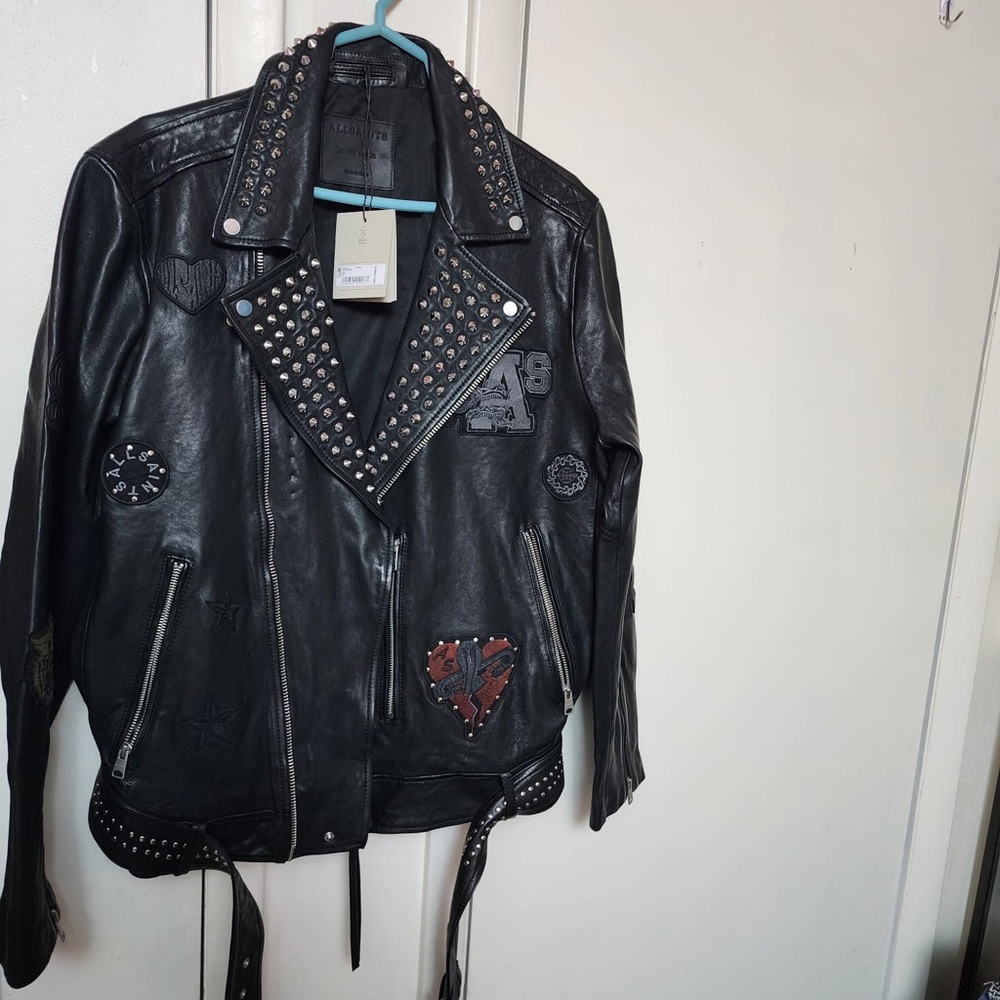 AllSaints Black Studded Leather Bomber Jacket